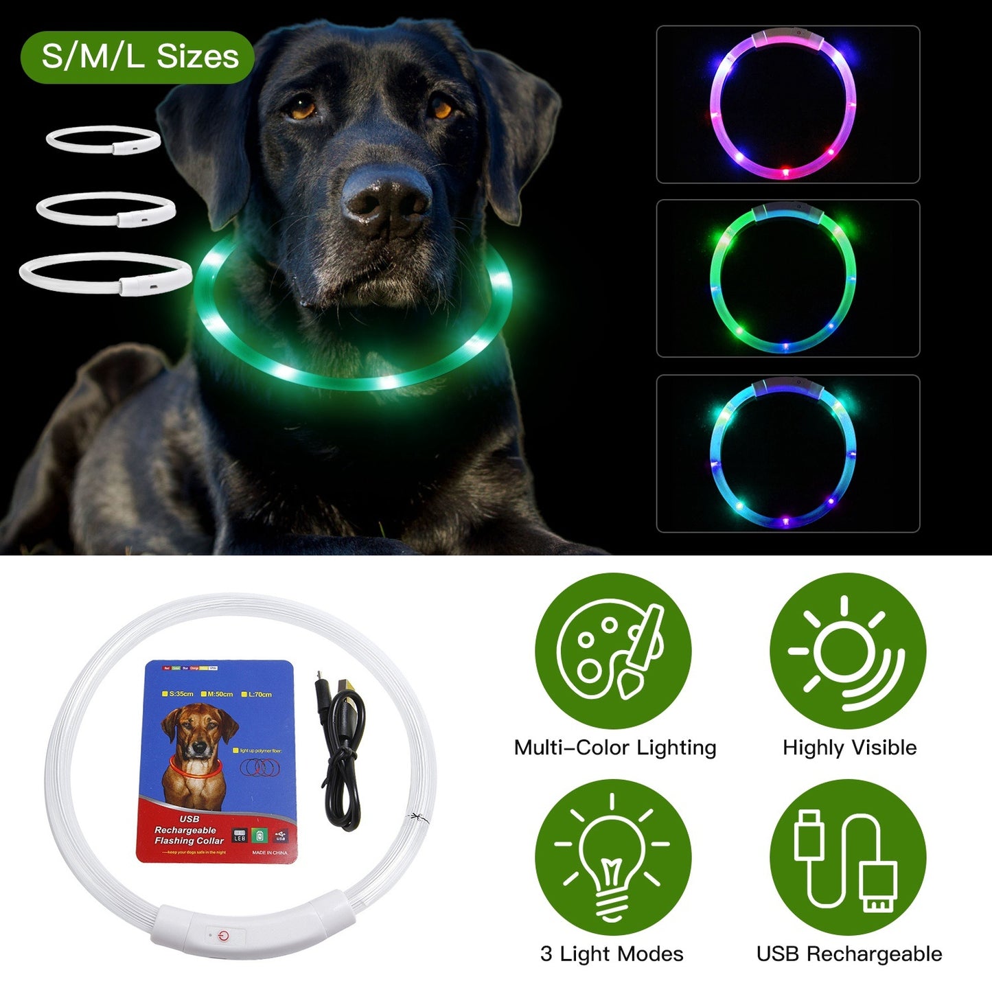 Collier de sécurité LED rechargeable par USB pour chien, éclairage multicolore, longueur découpable, pour petits, moyens et grands chiens, idéal pour les promenades nocturnes.