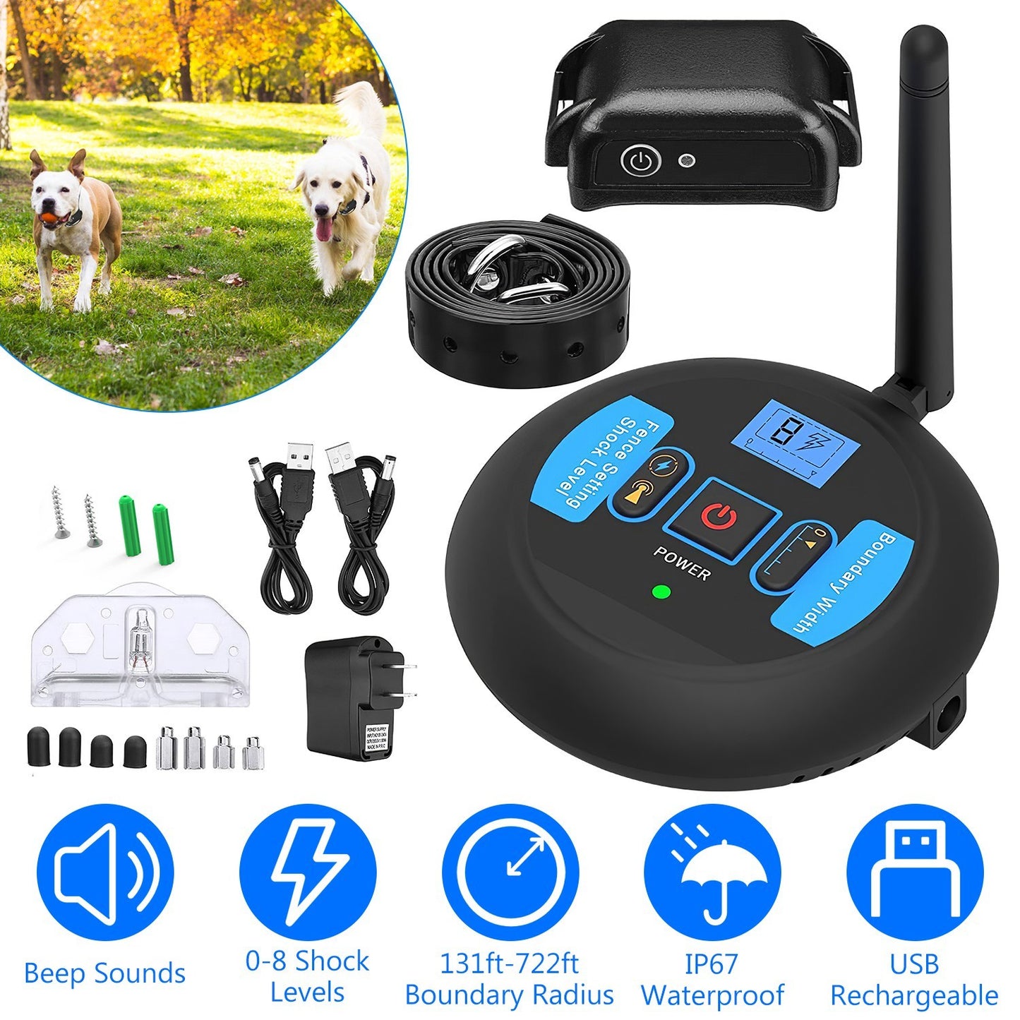 1 ensemble de clôture électrique sans fil pour chiens, système de confinement des chocs pour animaux de compagnie, collier de dressage électrique pour chiens de petite, moyenne et grande taille