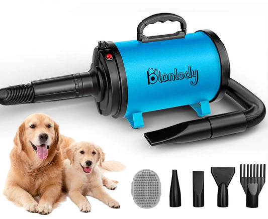 Blanlody Séchoir pour Chiens Souffleuse pour Poils d'Animaux Haute Vitesse 3800W/5.2HP pour Grands Chiens avec Vitesse Réglable Sans Palier, 4 Buses Différentes et Brosse pour Chien, Bleu